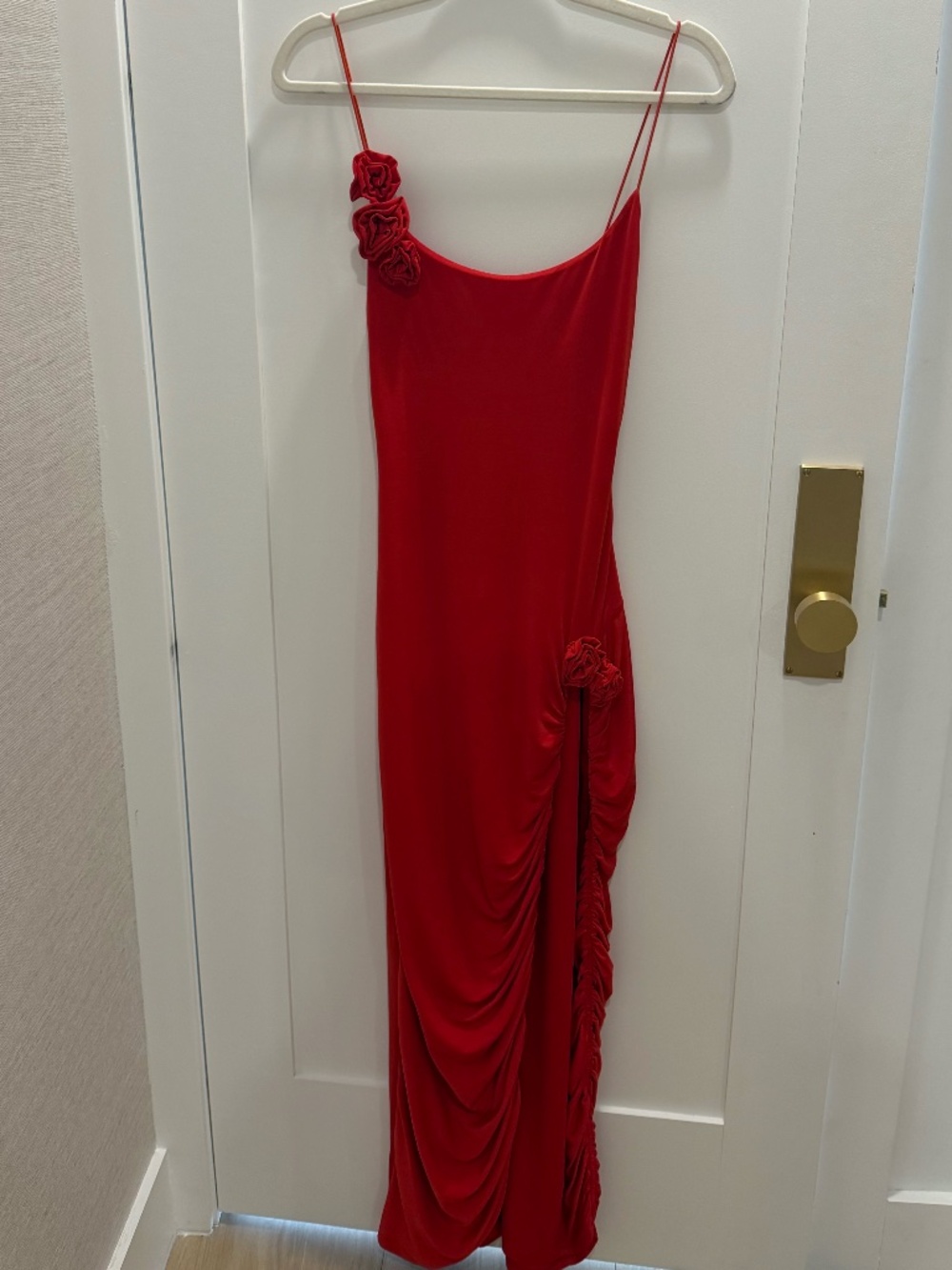 Red Rosette Ruched Maxi Dress